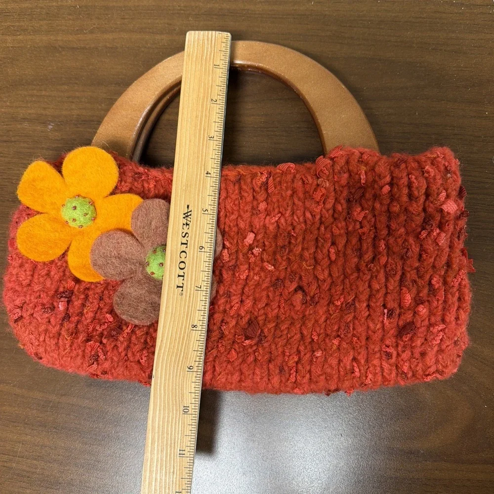 Vintage Red‎ Knit Handbag Wooden Handles Felt Flower Appliqué Boho Purse